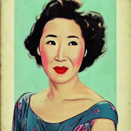 Image similar to “Sandra Oh portrait, color vintage magazine illustration 1950”