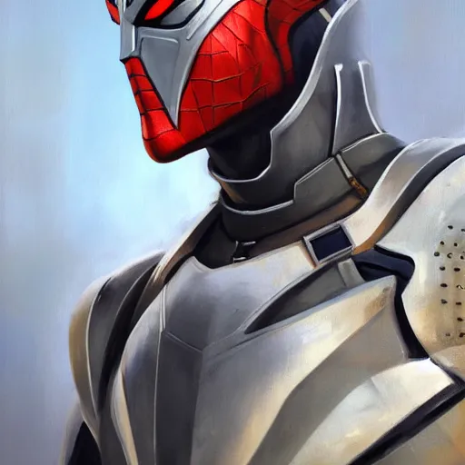 Image similar to greg manchess portrait painting of armored spiderman ultraman grey fox from metal gear cyborg japanese - american hybrid as overwatch character, medium shot, asymmetrical, profile picture, organic painting, sunny day, matte painting, bold shapes, hard edges, street art, trending on artstation, by huang guangjian and ail elvgren and sachin teng