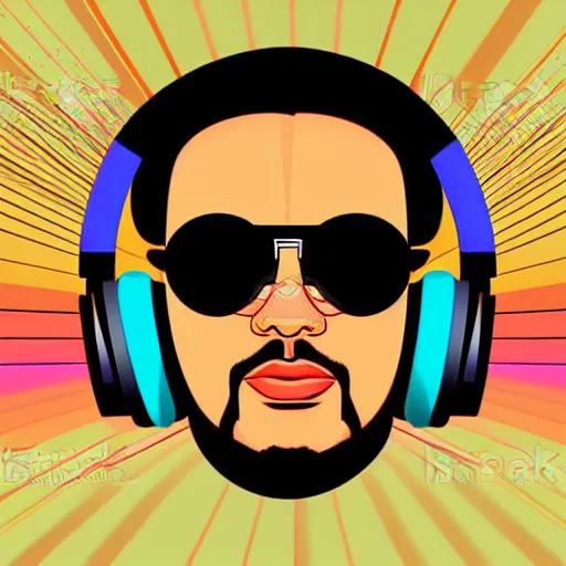 Prompt: a closeup of a man with headphones and sunglasses in retro colors, synthwave style, 2 d digital vector art