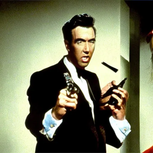 Prompt: scene from the horror picture show with james stewart!!!! james stewart!!!! is acting surprised and holds a revolver