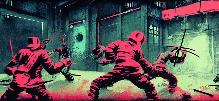 Image similar to handmade illustration of a violent street fight with weapons in an industrial room, line art, octane render with volumetric lighting, miniatures by wes anderson, cedric peyraavernay, waste processing machinery, bladerunner, green and red radioactive swamp, by Remedios Varo and Anato Finnstark and Greg Rutkowski, dayglo pink, dayglo blue, dazzle camouflage, 8k, trending on ArtStation