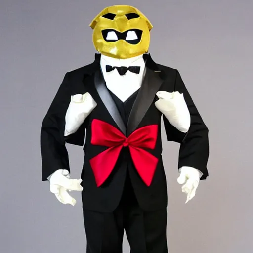 Image similar to a tuxedo for a big man with small legs, heart shaped goden mask with white lights for eyes.