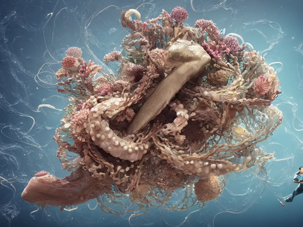 Image similar to a sculpture of ocean shark intertwined, a lovely cornucopia of flowers and human body parts, jellyfish, highly detailed, octane render, cinematic, shock, sharp focus, super resolution