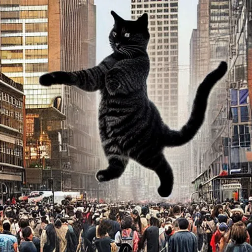 Prompt: a giant cat stomping on a city causing chaos