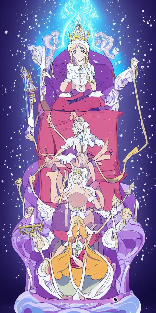 Image similar to a spiritual guru sitting on a throne of ice drawn by studio trigger, in the style of Little Witch Academia, spiritual enlightenment, tradition, conformity, morality, ethics