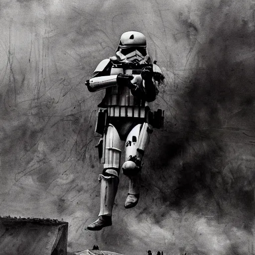 Prompt: war photography, the falling soldier, an imperial stormtrooper, zeroes in on the instant of death forever anticipated in the painting, etched into the public's mind, groundbreaking, breathtaking, awardwinning, by robert capa, digital intricate art, hyperrealist, detailed, 8 k, 3 5 mm, canon, extreme long shot