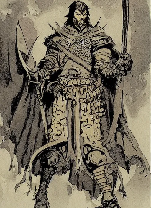 Image similar to character design concept art illustration reference of a medieval warrior. by Mike Mignola and Rebecca Guay.