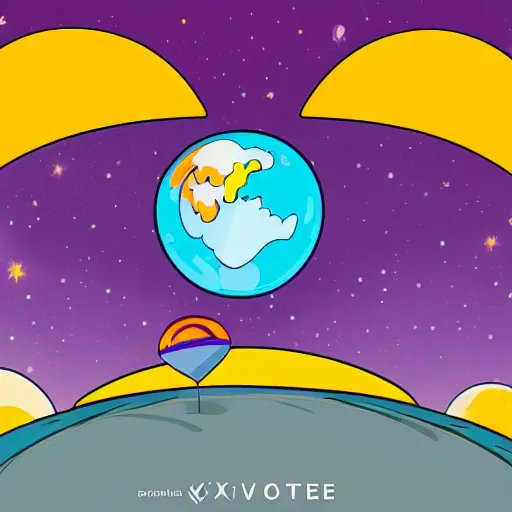 Image similar to cartoon illustration of a bear mascot being launched from a futuristic marble planet, purple and orange cloudland