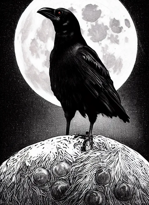 Image similar to portrait, A crow in front of the full big moon, book cover, red white and black colors, establishing shot, extremly high detail, foto realistic, cinematic lighting, pen and ink, intricate line drawings, by Yoshitaka Amano, Ruan Jia, Kentaro Miura, Artgerm, post processed, concept art, artstation, matte painting, style by eddie mendoza, raphael lacoste, alex ross