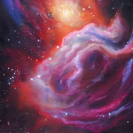 Prompt: a very beautiful and very detailed painting of wine spilling into space and forming a nebula. trending, professional, high quality, high resolution, dynamic