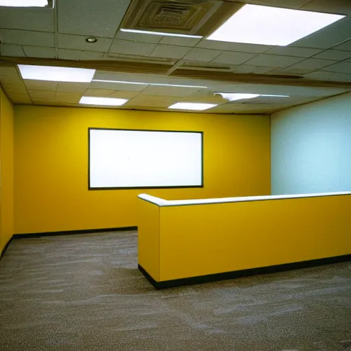 Image similar to a vhs captured photo of a bleak office space with yellow walls, faintly fluorescent lights and no one around. the entire scene is unsettling