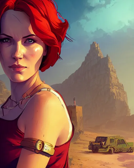 Prompt: portrait of triss merigold, gta san andreas cover art, borderlands style, celshading, trending on artstation, by rhads, andreas rocha, rossdraws, makoto shinkai, laurie greasley, lois van baarle, ilya kuvshinov and greg rutkowski