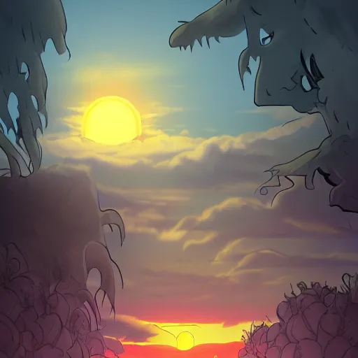 Image similar to sunset in the desert, fantasy art, illustration, animated film, by studio ghibli