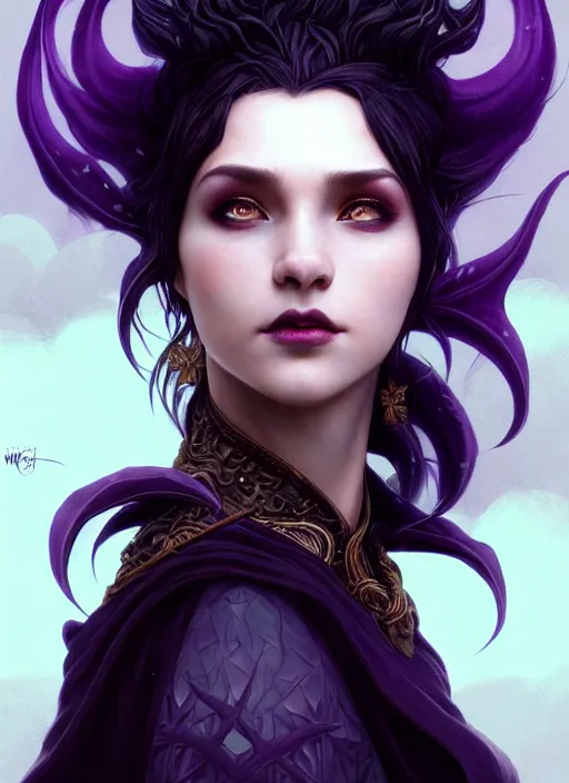 Image similar to front full detailed portrait dark witch, adventurer outfit large cloak, fantasy forest landscape, big moon, dragon scales, fantasy magic, undercut hairstyle, short purple black fade hair, dark light night, intricate, elegant, sharp focus, illustration, highly detailed, digital painting, concept art, matte, art by wlop and artgerm and greg rutkowski and alphonse mucha, masterpiece