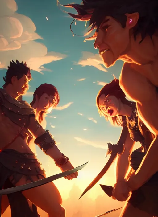 Image similar to highly detailed portrait of barbarians fist bumping in front of swords, lightning in background, video game cover art,, unreal engine, fantasy art by greg rutkowski, loish, rhads, makoto shinkai and lois van baarle, ilya kuvshinov, rossdraws, tom bagshaw, global illumination, radiant light, detailed and intricate environment