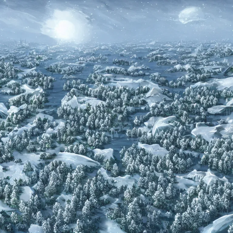 Prompt: beautiful illustration of advanced civilization composed of floating snowy forests