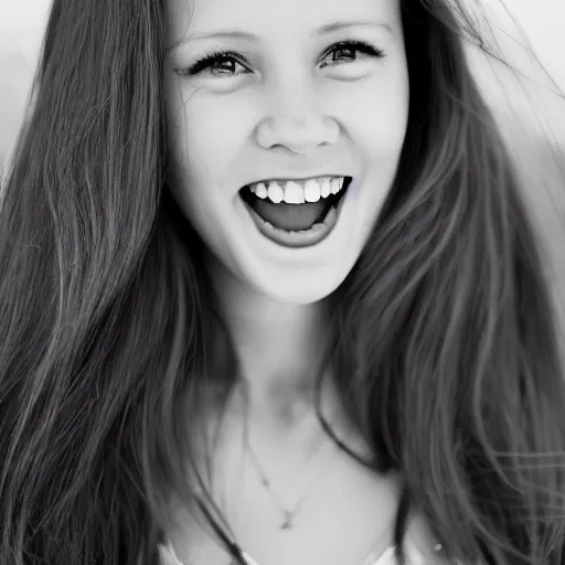 Prompt: beautiful redhead girl, smiling at camera, award winning photography, black and white, vertical