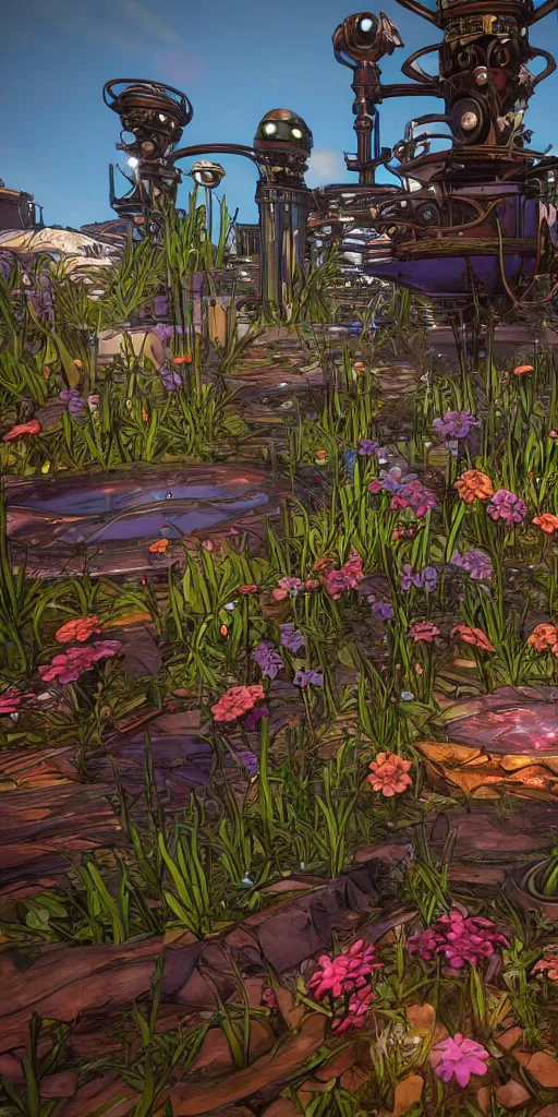 Image similar to steampunk flowers on a steampunk land in the borderlands 3 style, smooth, cinematic, wet reflections, ray tracing x, rtx, smooth