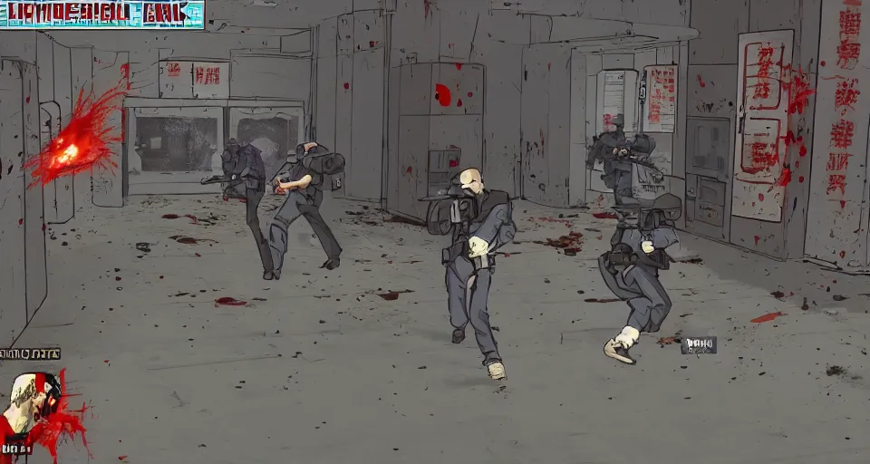 Image similar to 1993 Video Game screenshot for Akira style Anime Neo-tokyo Cyborg bank robbers vs police, Set inside of the Bank, Open Bank Vault, Multiplayer set-piece Ambush, Tactical Squads :10, Police officers under heavy fire, Destructible Enviorments, Gunshots, Bullet Holes and Anime Blood Splatter, :10 Gas Grenades, Riot Shields, MP5, AK45, MP7, P90, Chaos, Anime Machine Gun Fire, Gunplay, Shootout, :14 80s anime style, FLCL + LA Machineguns :10, Created by Katsuhiro Otomo + Studio Gainax: 20