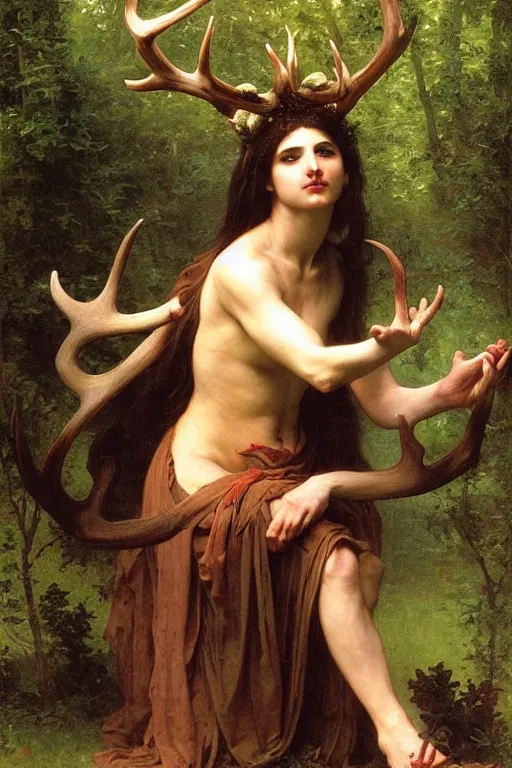 Prompt: druid shaman with antlers, bouguereau