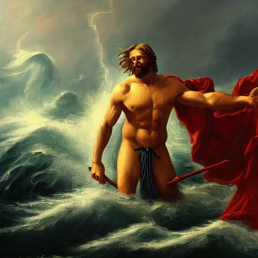 Image similar to poseidon standing at center frame holding a trident, with his back turned to the camera, a storm ahead, high res, oil painting, realistic, water, greek god, epic composition, masterpiece, award winning, low exposure