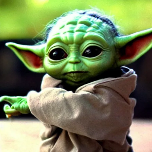 Image similar to baby yoda holding a gun