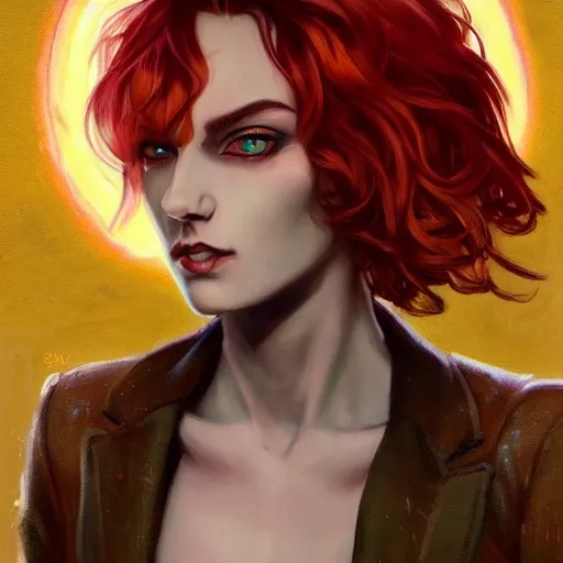 Image similar to dnd character portrait of a beautiful and androgynous half - elf with messy short red hair and catlike features and dark skin and yellow eyes with slit pupils, glowing, golden hour, wearing a colorful men's suit, tufted ears, realistic painting by ross tran and gerald brom and alphonse mucha, trending on artstation