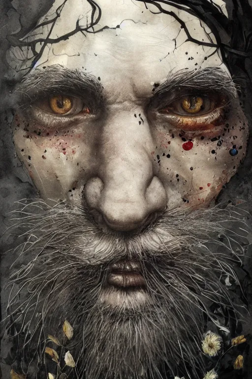 Image similar to portrait of hairy old man with aquarelle painted skin. close up. very dark black hair, large eyes. intricate dark flowers pattern on background, high detail, by Peter mohrbacher