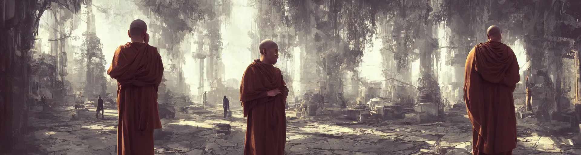 Prompt: monk meditation in a cyberpunk world with people walking around wearing vr headset by eugene von guerard, ivan shishkin, concept art, trending on artstation