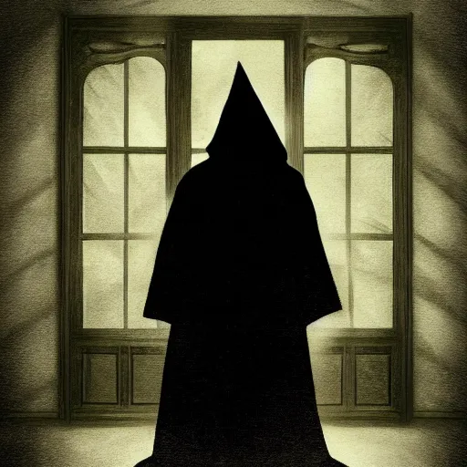 Image similar to the magician with a black robe inside a abandoned house, shadows, lurker, ghibli style