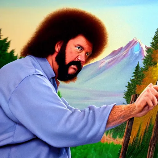 Image similar to a closeup photorealistic photograph of bob ross placing the finishing touches on a canvas painting of kenny powers. mountains and trees. film still. brightly lit scene. this 4 k hd image is trending on artstation, featured on behance, well - rendered, extra crisp, features intricate detail, epic composition and the style of unreal engine.