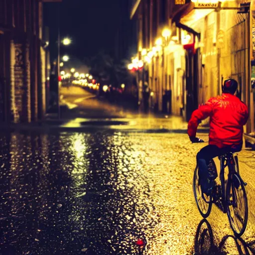 Image similar to a delivery guy wearing red jacket cycling at night in uni colored street, rainy weather, 4 k, realistic, trending on artstation
