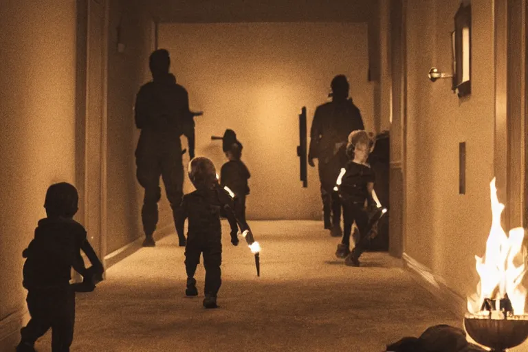 Image similar to a picture of a small child carefully holds torch through hallway filled with nightmarish monsters