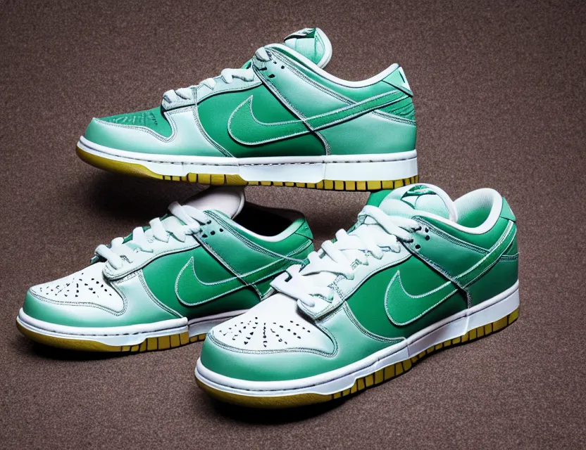 Image similar to a press photograph of nike dunk low pine green and white, size 1 0, white background