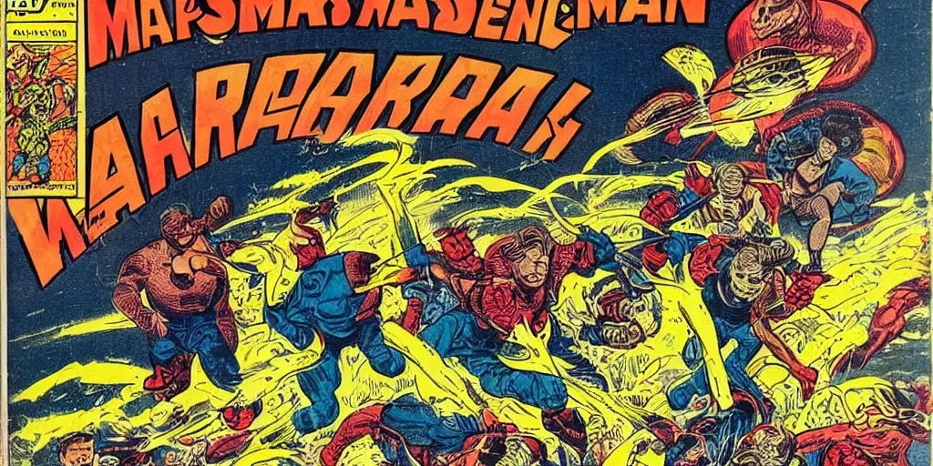 Prompt: a highly detailed beautiful portrait of marsman attacking earth, retro, vintage, comic book seventies