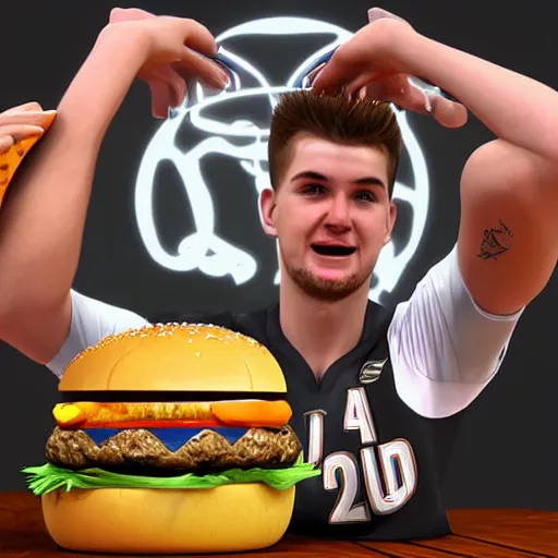 Prompt: 4k very detailed 3D model of Luka Doncic eating a cheeseburger,