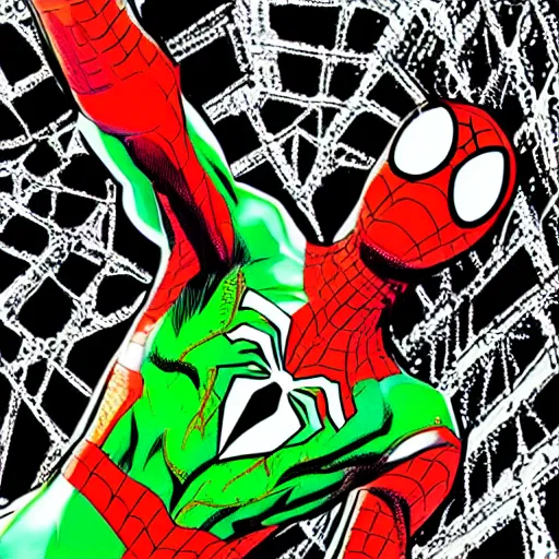 Prompt: green red spider man in Dhaka comic book art style by Stan Lee