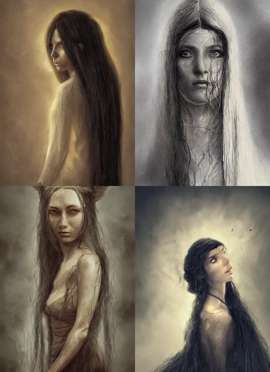 Prompt: portrait of a priestess with long hairs in alan lee and marc simonetti and emil melmoth style , cinematic lighting