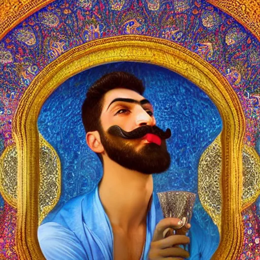 Prompt: beautiful muscular iranian persian men with mustache kiss with passion, seen through a kaleidoscope fractals, victor nizovtsev, botticelli