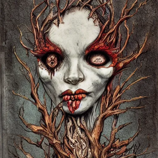 Prompt: rotten tree spirit dryad with a beautiful face and flaming mouth and eyes + mushrooms + fungi + lichen + sketch lines + graphite texture + old parchment + guillermo del toro concept art + justin gerard monsters, intricate ink illustration