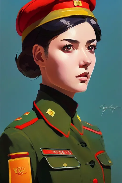 Image similar to a ultradetailed beautiful panting of a stylish woman wearing a soviet uniform, oil painting, by ilya kuvshinov, greg rutkowski and makoto shinkai, trending on artstation