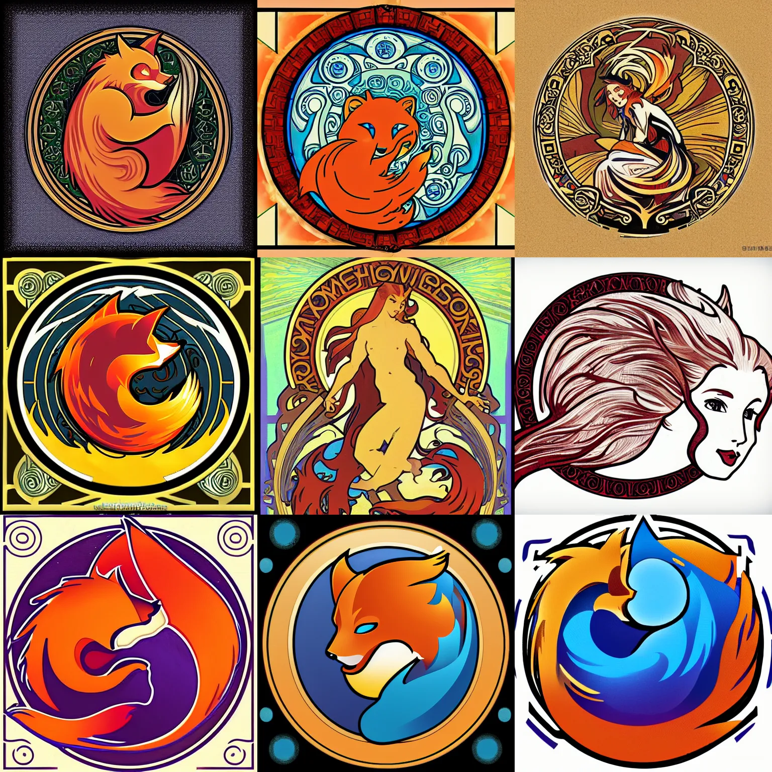 Prompt: Firefox logo in the style of Alphonse Mucha