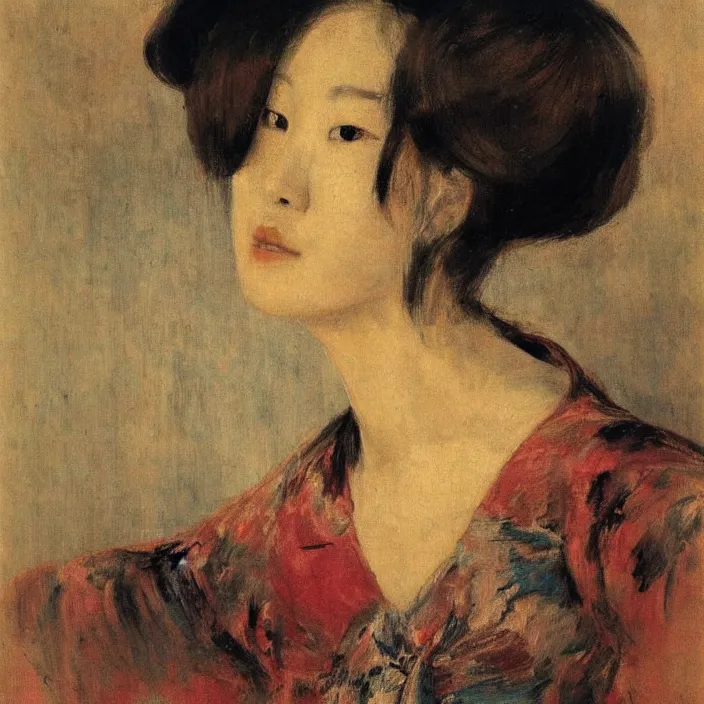 Prompt: abstract portrait of a hyperbeautiful korean woman by adolph menzel, carvaggio