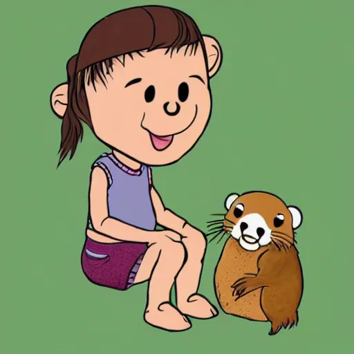 Image similar to a small girl and her otter friend in the style of Bill Watterson