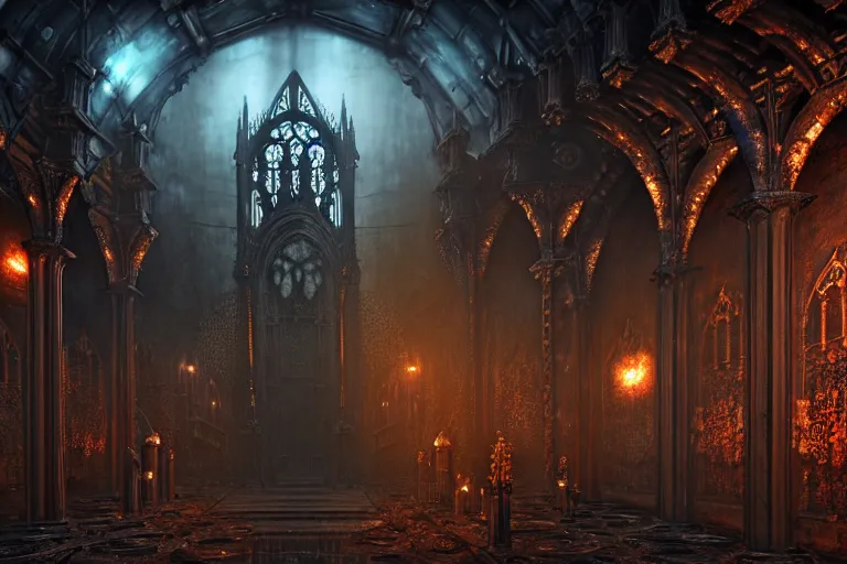 Image similar to steam necropolis, memento mori, gothic, neo - gothic, art nouveau, hyperdetailed copper patina medieval icon, stefan morrell, philippe druillet, ralph mcquarrie, concept art, steampunk, unreal engine, detailed intricate environment, octane render, moody atmospherics, volumetric lighting, ultrasharp, ominous, otherworldly