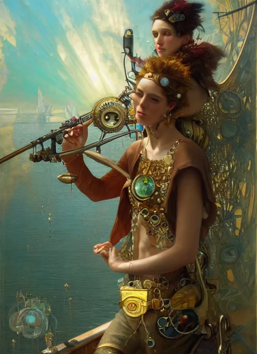 Prompt: hyper realistic fisherman, birds eye view, magical, gems, jewels, gold, steampunk, cyberpunk utopia, painted by tom bagshaw, mucha, gaston bussiere, craig mullins, j. c. leyendecker 8 k