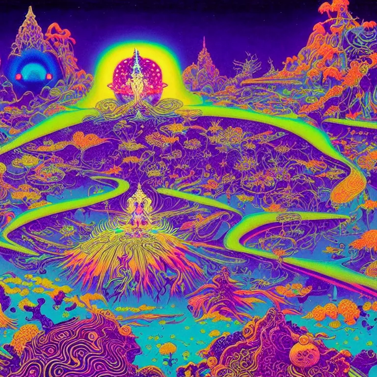 Image similar to cosmic third eye, magical crystal temple, psychedelic waves radiating, bright neon colors, highly detailed, cinematic, hiroo isono, eyvind earle, philippe druillet, roger dean, lisa frank, aubrey beardsley, ernst haeckel