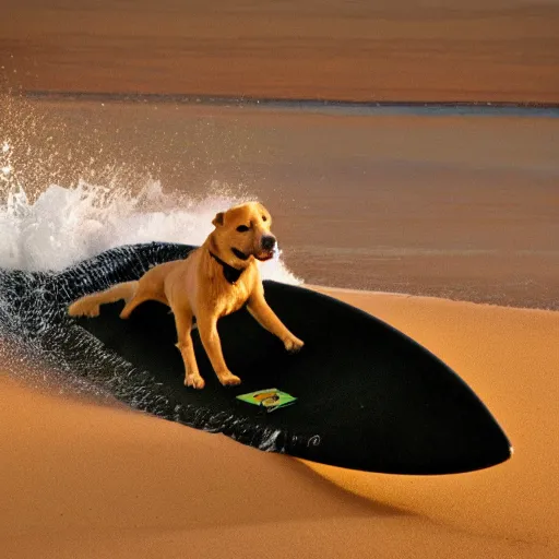 Prompt: photo of a dog surfing in a volcano