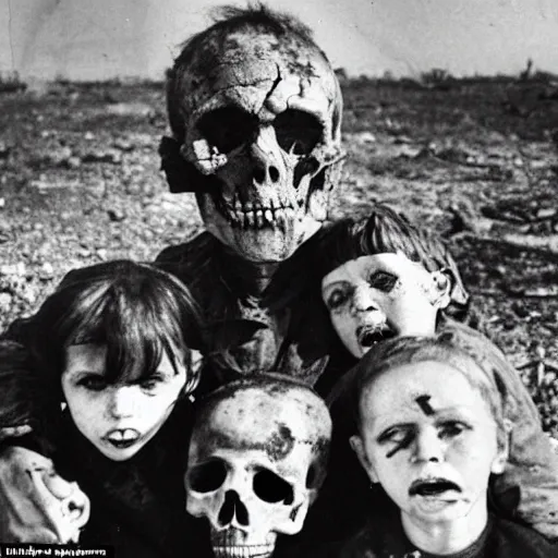 Image similar to selfie of the last surviving ukrainian with children with evil faces, wild pain and damage to the body burns alive to the bone, painted in dirty yellow - blue colors, a huge nuclear explosion is approaching in the background, corpses and skeletons are everywhere, the earth is on fire, smoke and radioactive rain