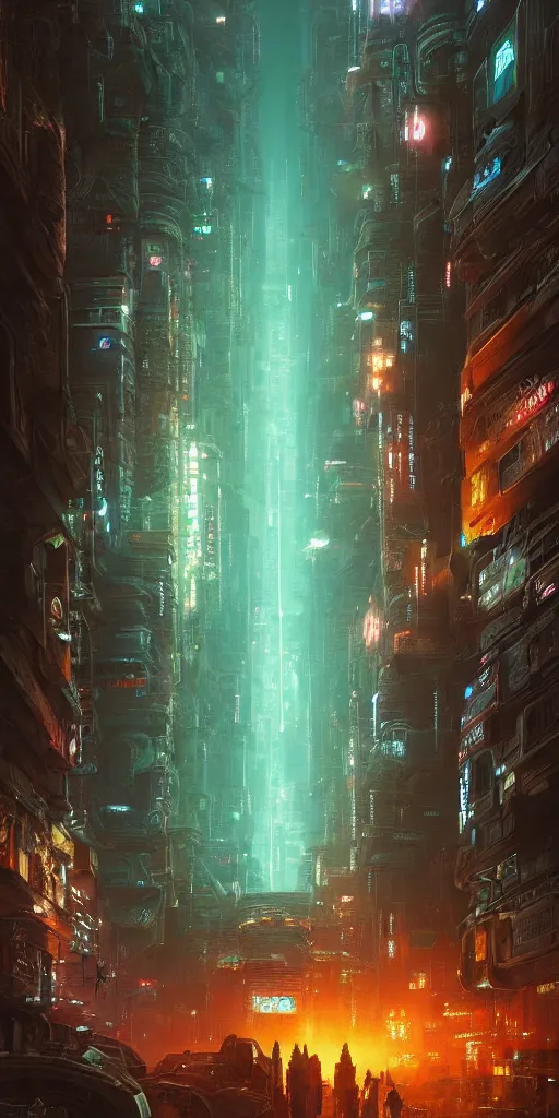 Prompt: an enigmatic and terrifying painting of a cyberpunk universe by marc simonetti, greg rutkowski, ferdinand knab, colour, hyper detail, 8 k, city, universe, nebula, cars, neon, neo - tokyo, burst of colour, imaginary, concept art, out of this world, depth, incredible depth